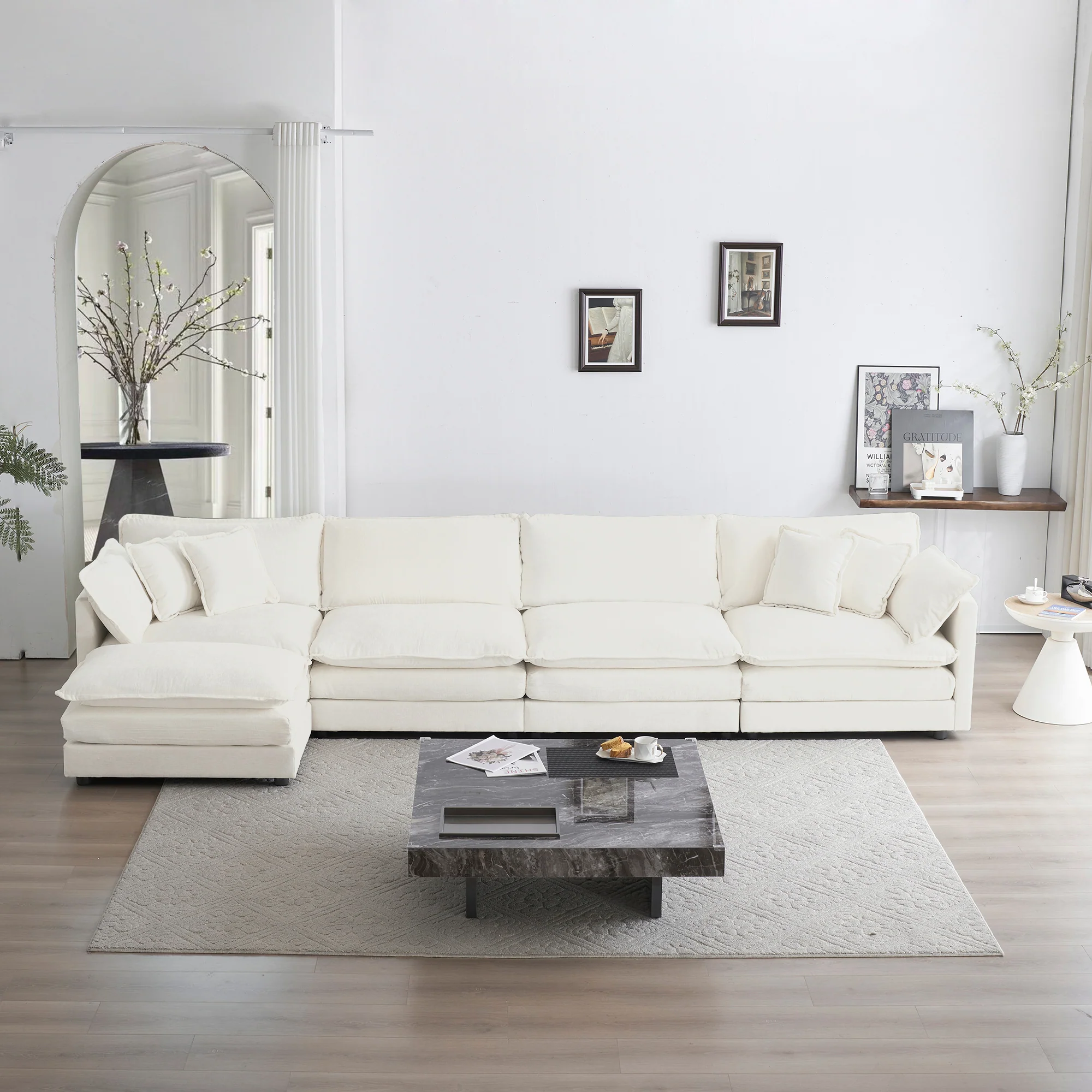 White Chenille Modular 146" Sectional Sofa with Ottoman - Image 2
