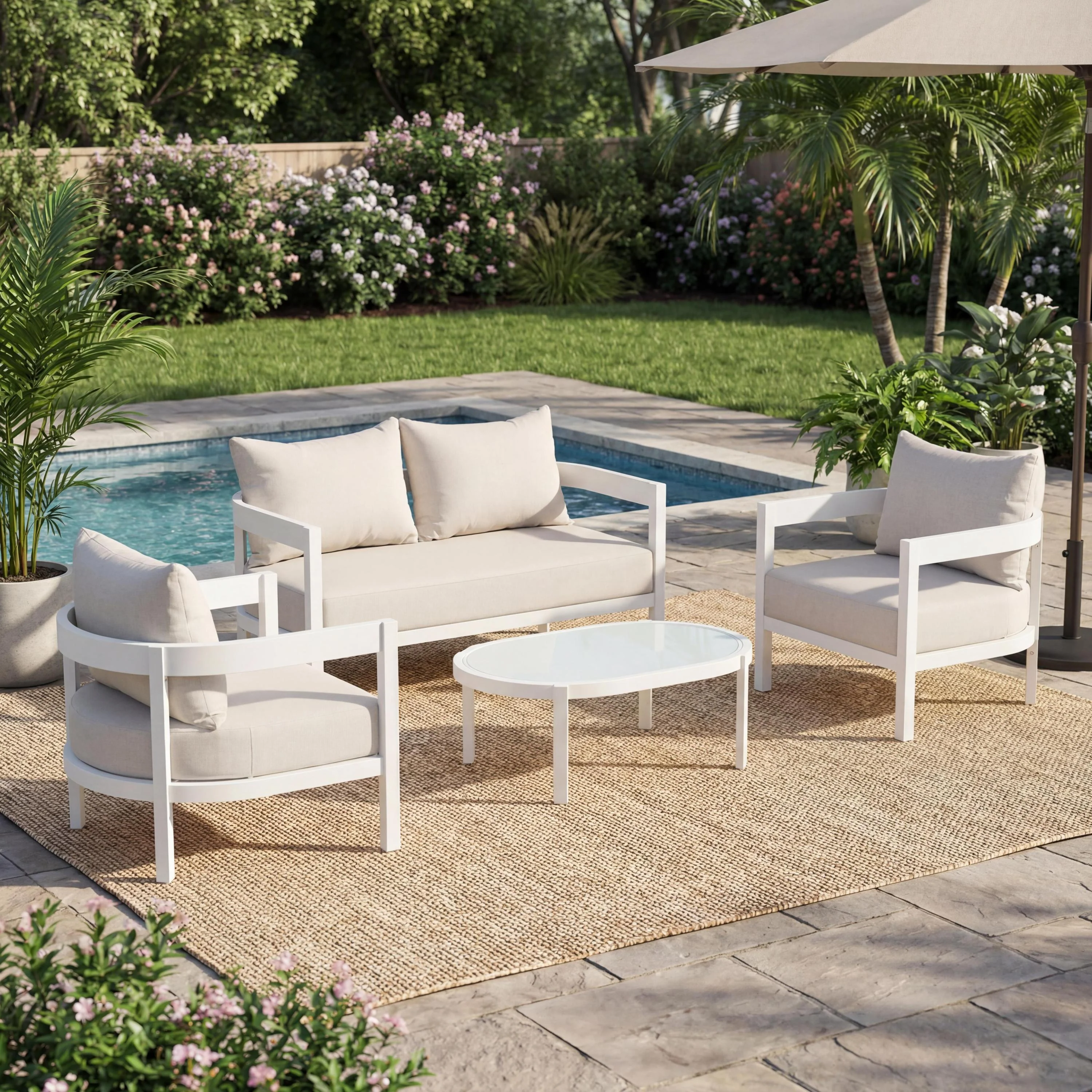 White Modern Curved Frame 4-Piece Outdoor Patio Conversation Set with Weather-Resistant Cushions