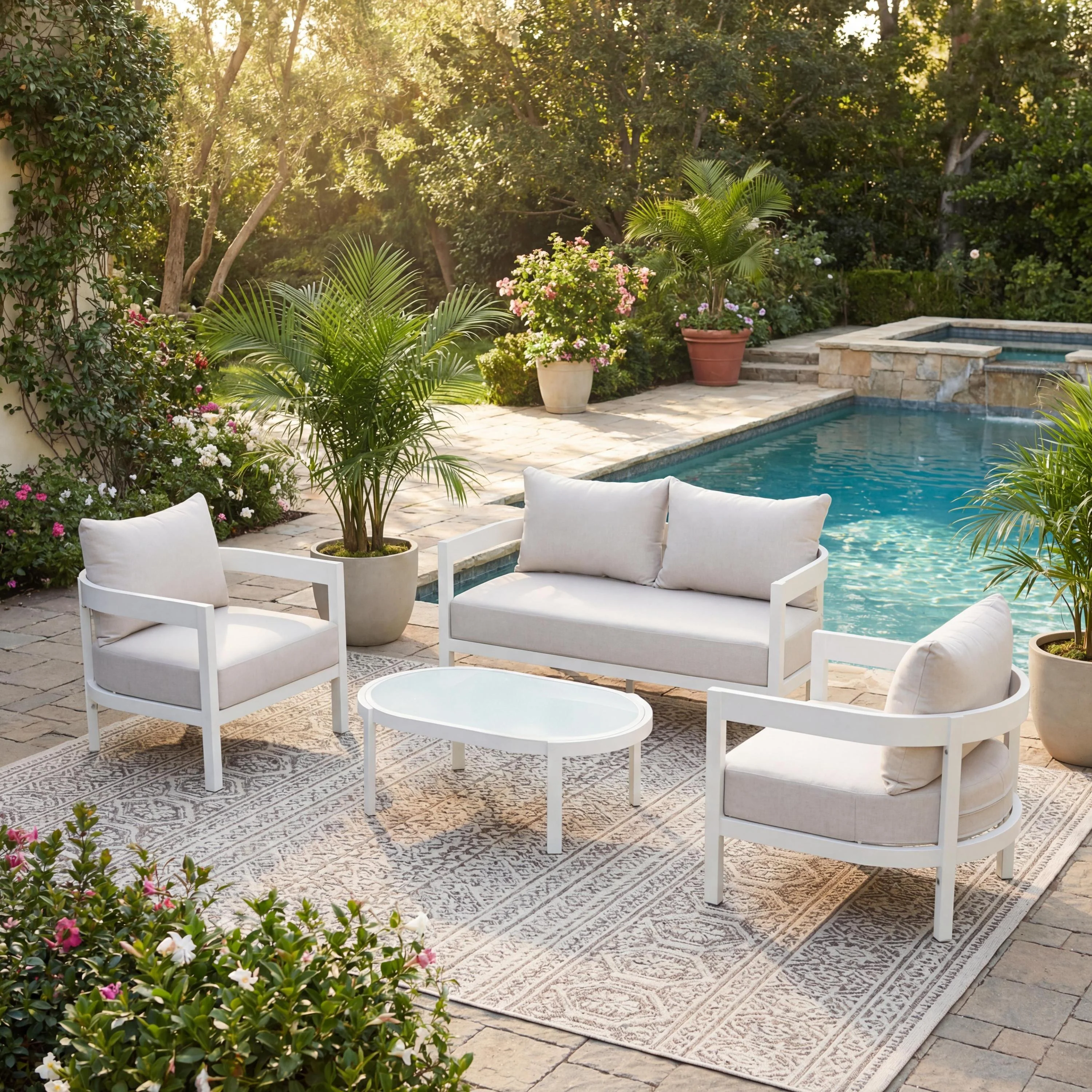 White Modern Curved Frame 4-Piece Outdoor Patio Conversation Set with Weather-Resistant Cushions - Image 2