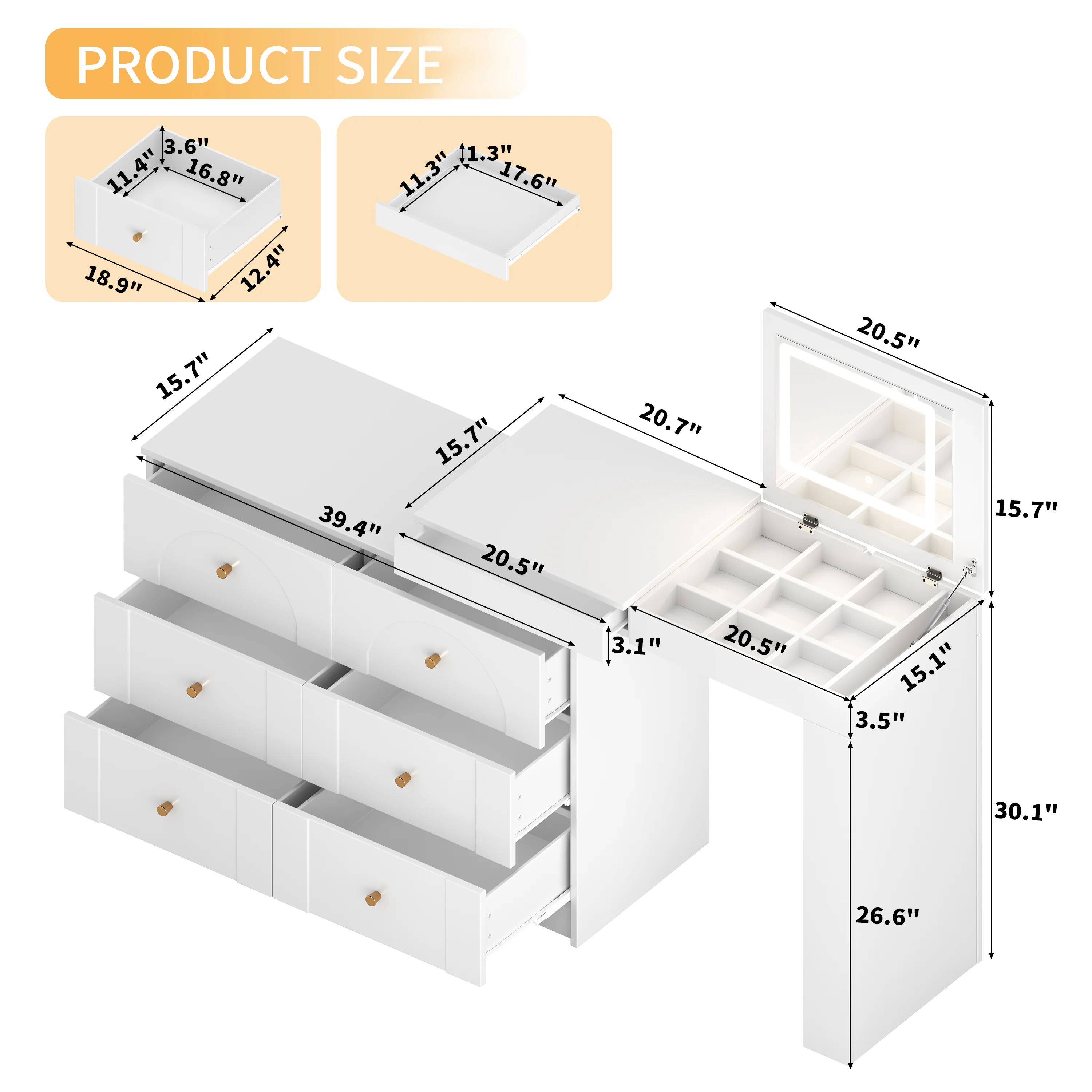 Walker Edison | White Multi-Functional Vanity Desk Dresser Set with Flip Mirror and Lights - Image 18