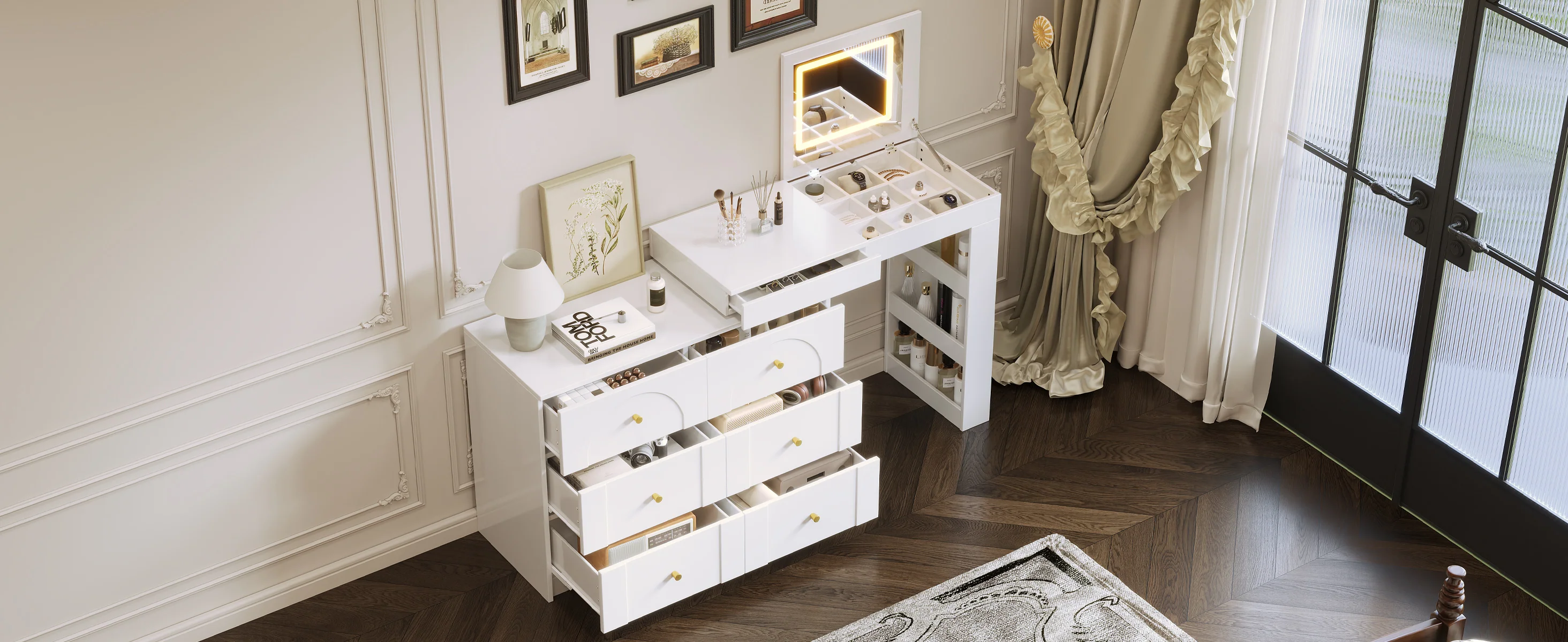 Walker Edison | White Multi-Functional Vanity Desk Dresser Set with Flip Mirror and Lights - Image 21