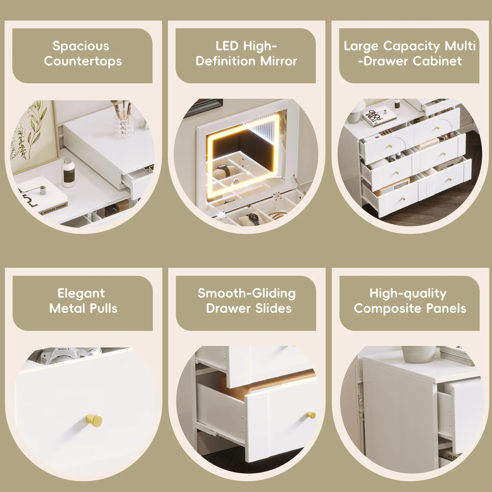 Walker Edison | White Multi-Functional Vanity Desk Dresser Set with Flip Mirror and Lights - Image 6