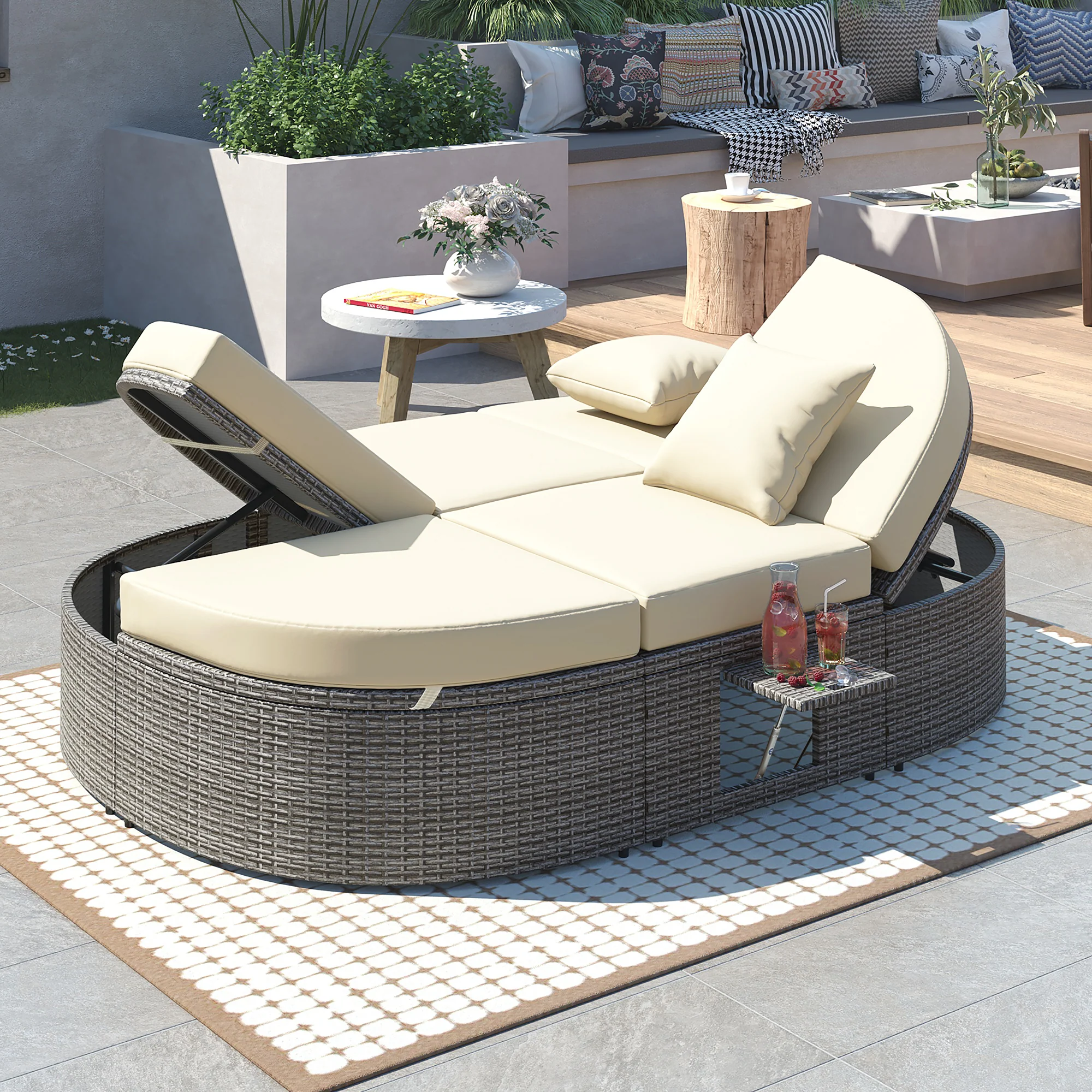 Wicker Outdoor Sun Bed Patio 2-Person Daybed with Cushions and Pillows - Image 2