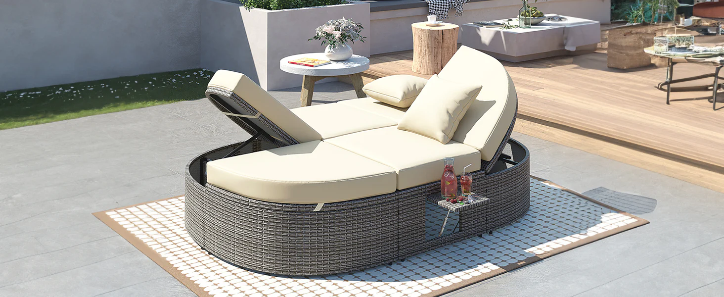 Wicker Outdoor Sun Bed Patio 2-Person Daybed with Cushions and Pillows - Image 26