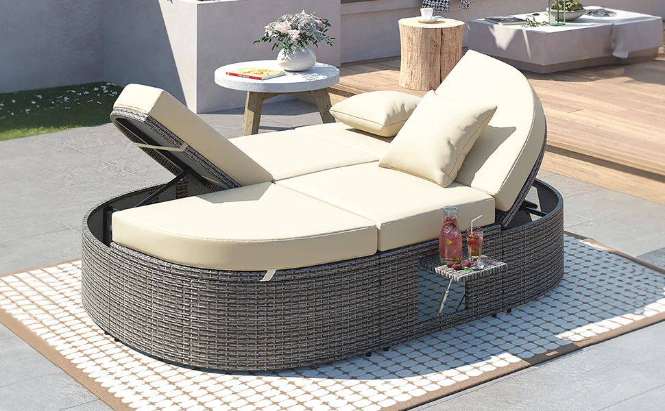 Wicker Outdoor Sun Bed Patio 2-Person Daybed with Cushions and Pillows - Image 27