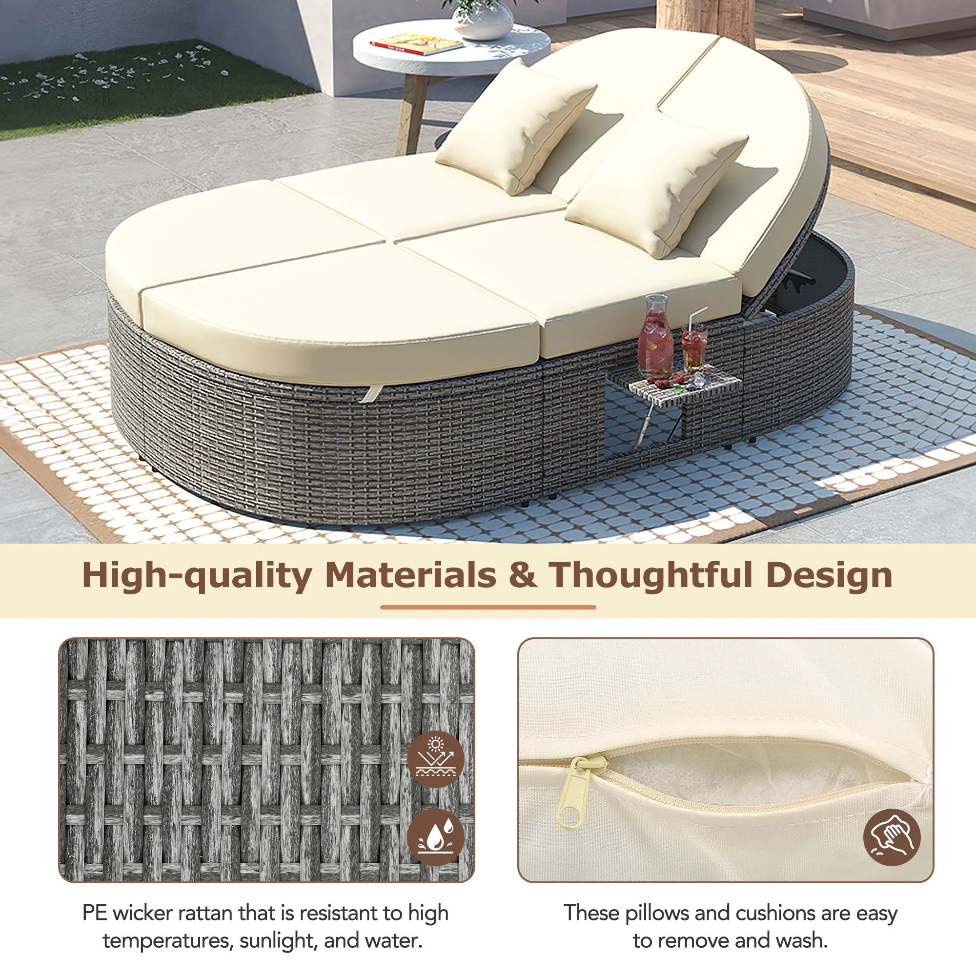 Wicker Outdoor Sun Bed Patio 2-Person Daybed with Cushions and Pillows - Image 3