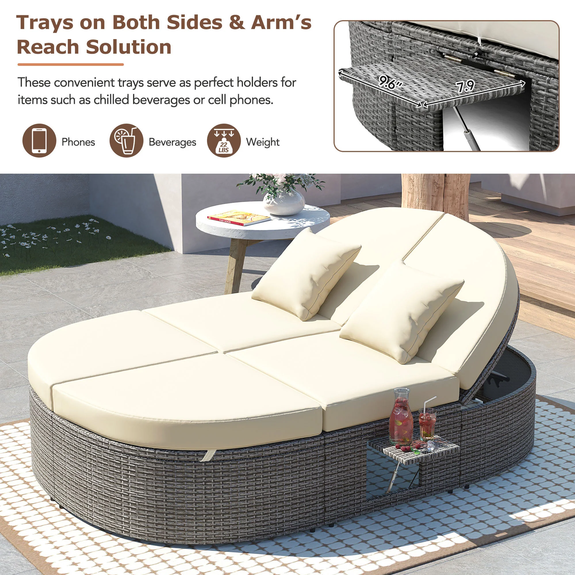 Wicker Outdoor Sun Bed Patio 2-Person Daybed with Cushions and Pillows - Image 5