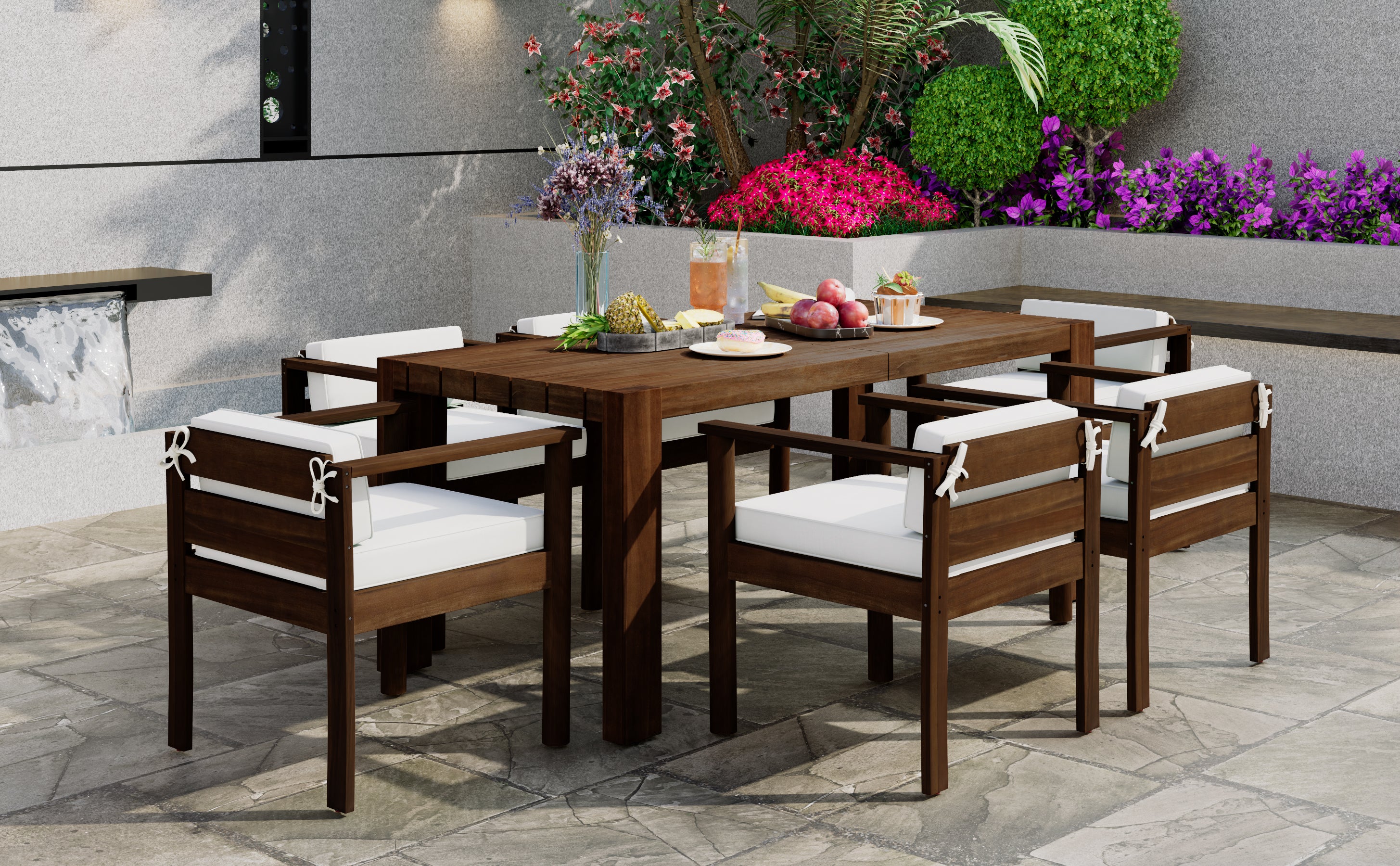 Walker Edison | Wood Outdoor Patio 7-Piece Dining Table Set for 6 - Image 37