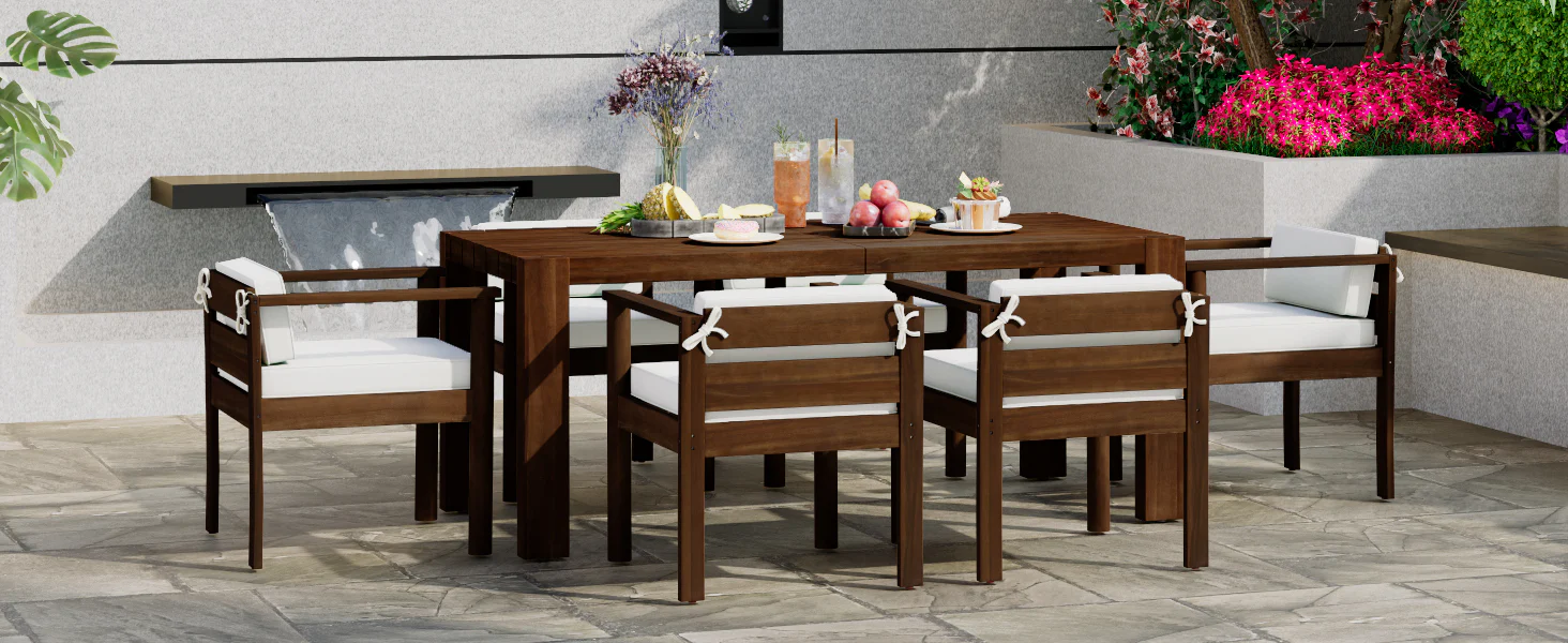 Walker Edison | Wood Outdoor Patio 7-Piece Dining Table Set for 6 - Image 42