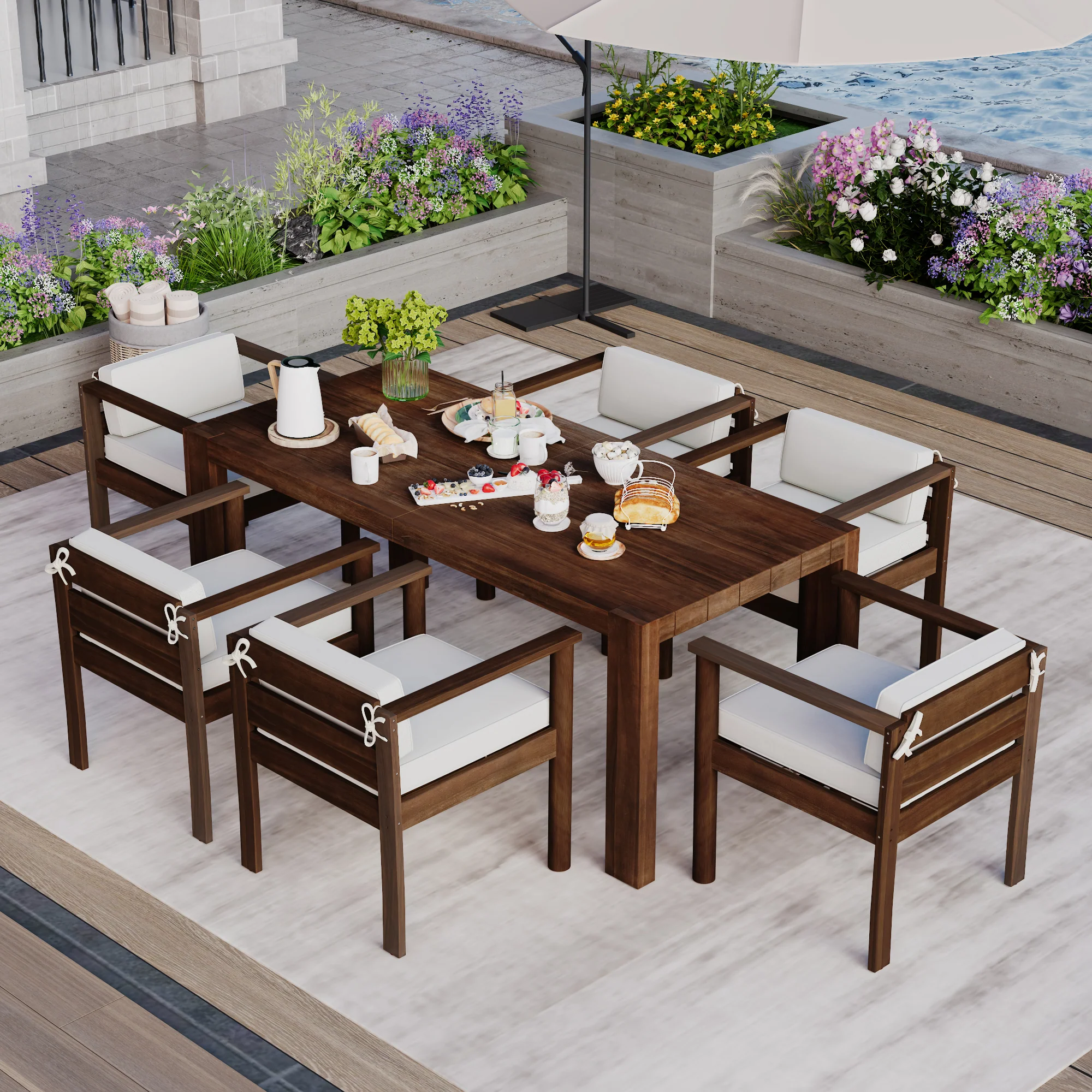 Walker Edison | Wood Outdoor Patio 7-Piece Dining Table Set for 6 - Image 7