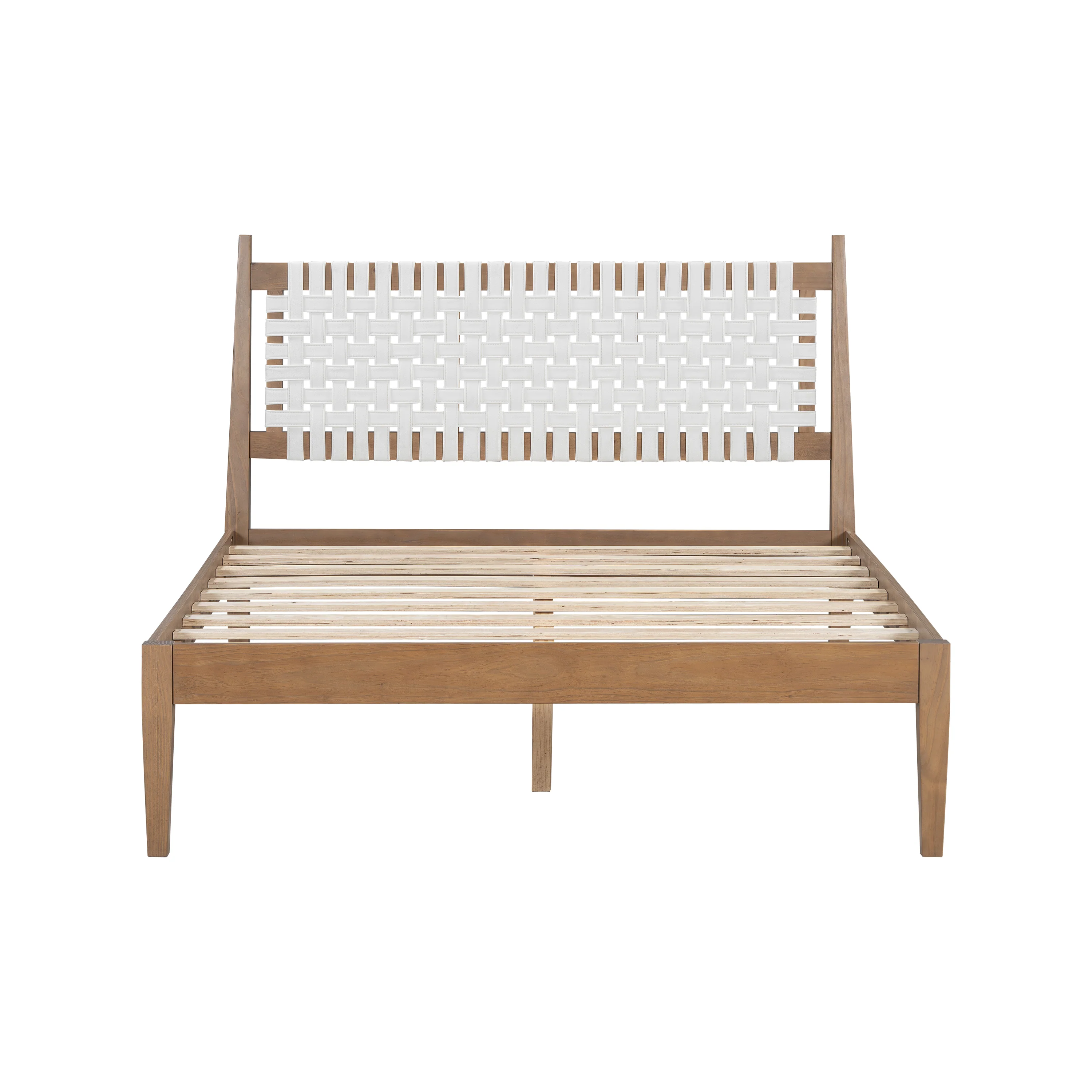 Woven White Leather Headboard Queen Pine Wood Bedframe - Image 9